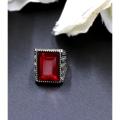Trendy Square shape metal Ring with red Stone for boys men silver. 