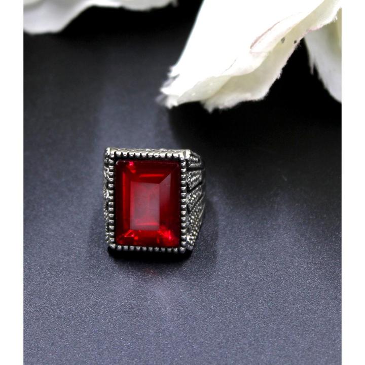 Trendy Square shape metal Ring with red Stone for boys men silver