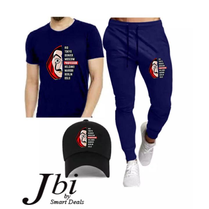 Summer Bella Ciao Printed Tracksuit Half Sleeves Round Neck T-Shirt Trouser With Printed Cap Tracksuit for Men