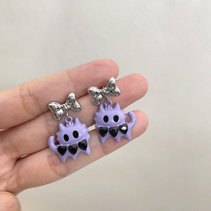 Cute Niche Design Small Size in Purple Monster Cat Stud Earrings for Women ins Sweet Cool Y2K Hot Girl Earrings Personalized Earrings