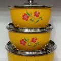 STAINLESS STEEL BOWL SET 3 PC WITH GLASS LID MICRO OVEN SAFE WITHOUT GLASS LID. 