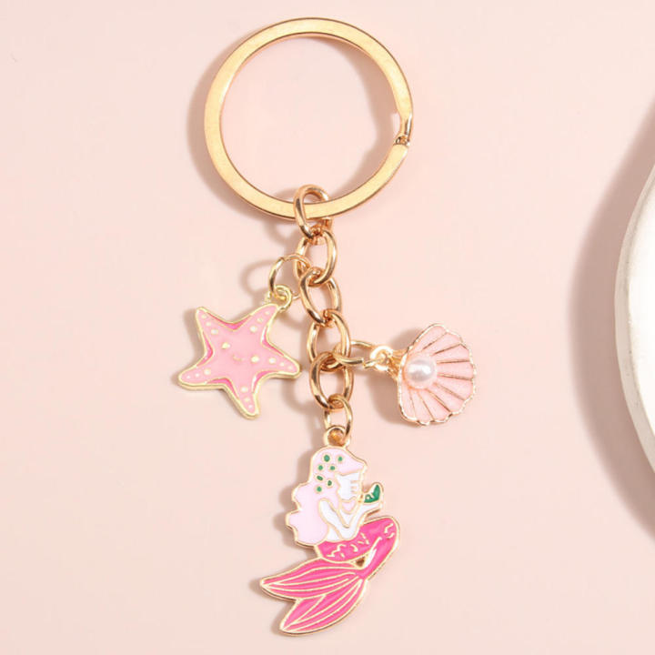 Cute Keychain Shell Starfish Conch Mermaid Fish Scale Key Ring Sea Key Chains Summer Gifts For Women Men DIY Handmade Jewelry
