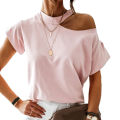 Women T-shirt Short Sleeve One Shoulder Mock Neck Halter Blouse Top. 