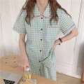 INTIMA Shorts/Long Pants Green Pamas for Women Korean Ins Style Sleepwear Lapel Casual Button Plaid Homewear Pama Set Ladies 2-pieces Loose and Comfortable. 