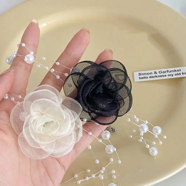 【Hot】Vintage Pearls Rose Flower Choker Adjustable Black White Rose ...