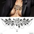【Good-Love Store】body sticker temporary tattoos black henna lace sternum tattoo waterdecal flowers rose peonies mandala pattern. 
