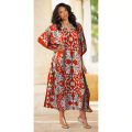 Printed V Neck 52 Inches Long Satin Silk Kaftan, Nighty, Night Dress, loungewear  Plus Abaya For Women Free Size [100-7149]. 