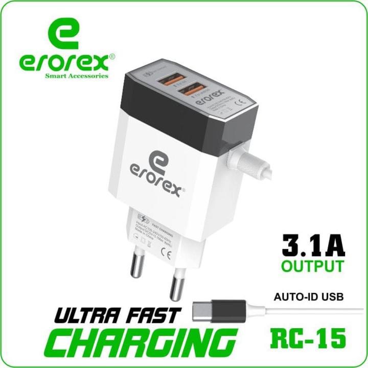 Erorex RC15 TYPE C Amp Ultra Fast Charger Micro_ Qualcomm Fast Charger  Dual USB Port Mobile Charger Mobile charger for Android and IOS AC