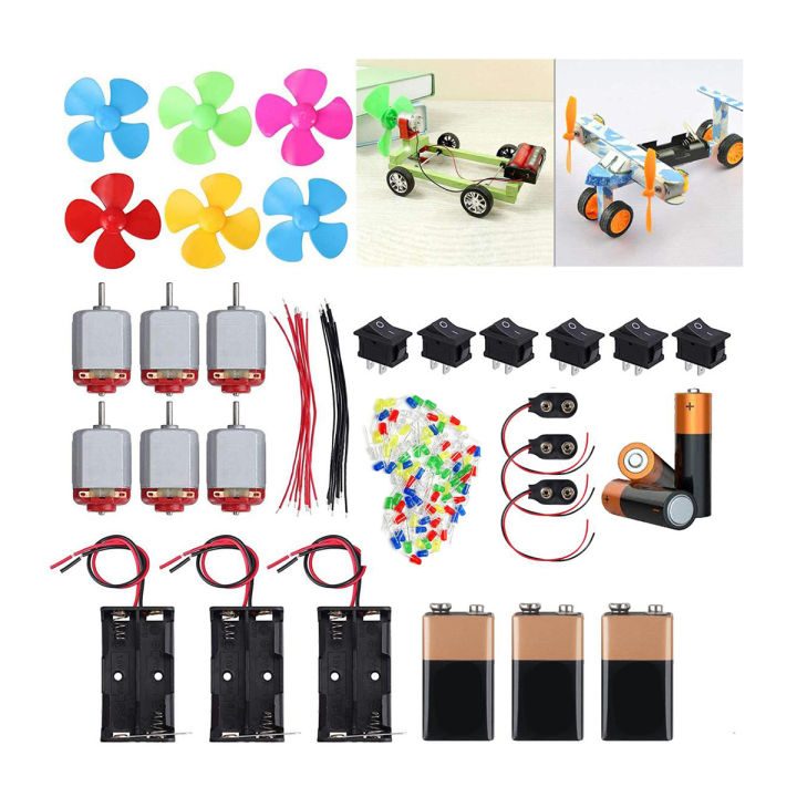 DC Motor Fan Kit Electronic Science Project DIYs Kit for Kids (4v DC motor,batteries,LEDs,wires,&propellers etc)