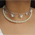 Silver Pearl Butterfly Double Layer Korean Jewellery Choker Necklace Jewellery For Girls- Silver Chain Neck Statement Collar Chains Choker Shining Female Choker Korean Jewellery. 