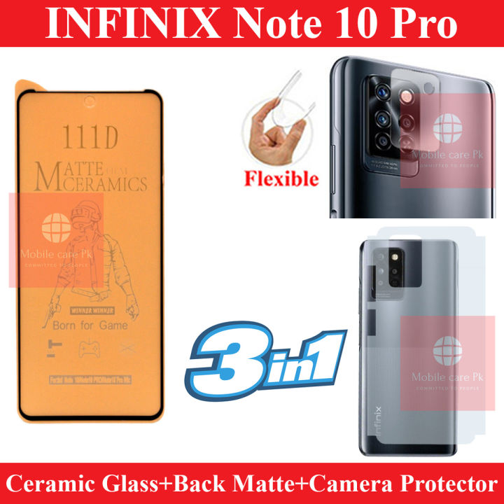 Infinix Note 10 Pro Matte Glass Protector Ceramic Glass + Back Protector Carbon Fiber Matte Soft Skin Sheet + Back Rear Camera Protector 9H Gorilla Flexible Protection For Infinix Note 10 Pro