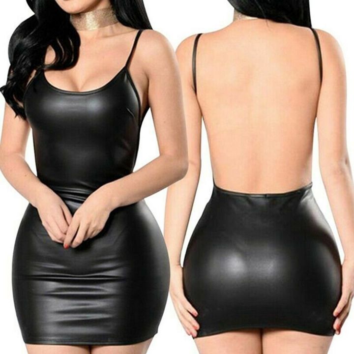 Faux Leather Backless Club Party Short Solid Black Wet Look Latex Bodycon Push Up Bra Mini Micro Dress Daraz.pk