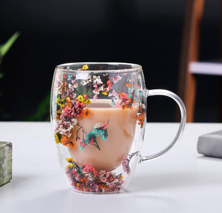 Imported Acrylic 250ml / 350ml Double Wall Glass Mug Cup (Not Glass) Insulated  Coffee Mugs with Dry Flower Espresso Cup Safe and Decorative Flowers Couple  Cups Gifts Glass Flower Cup Lite Weight |