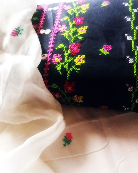 3Pcs Unstitched Pure Lawn Suit With Hand Embroidery, White Trouser with Beautiful Chiffon Dupatta