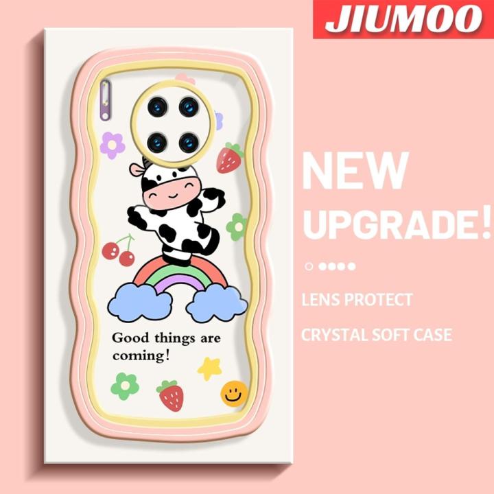 JIUMOO For Huawei Mate 30 Pro Case Cartoon Rainbow Cow Colorful Lovely Cream Wave Border Soft Clear Shockproof Phone Cases Creative Camera Transparent Casing Simple Gentle Protective Cover