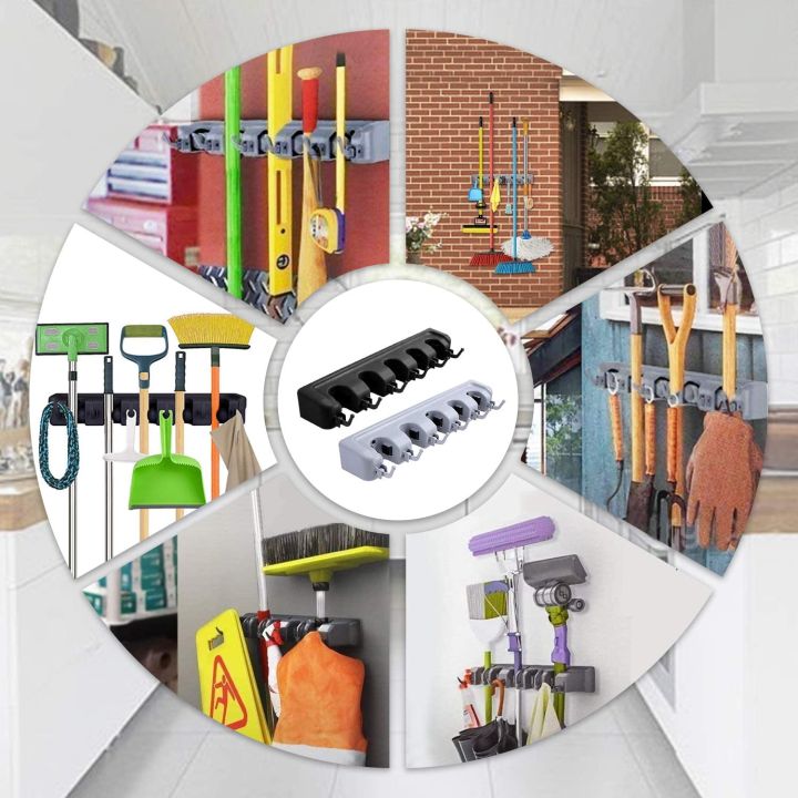 Mop%20And%20Broom%20Holder%20Wall%20Mount%20Heavy%20Duty%20Broom%20Holder%20Wall%20Mounted%20Or%20Tool%20Organizer%20For%20Home%20Garden%20Garage%20And%20Storage%20(5%20Positions%20With%206%20Hooks)%20-%20Image%205