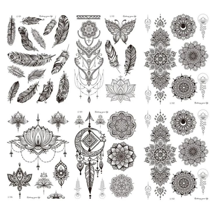 【HOT】 Black Lace Pattern Rose Peony Flower Girls Temporary Tattoos For Waterproof Tattoo Stickers 3D Blossom Lady Shoulder DIY