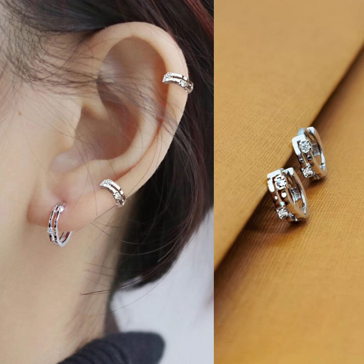 1Pair Fashion Simple Small Hoop Earrings For Women Men Shiny Zircon Round Circle Ear Bone Nail Ear Piercing Jewelry Eatop