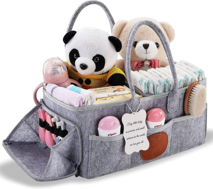 Baby Diaper Caddy Organizer, Foldable Felt Storage Bag with Multi Pockets and Flexible Compartments, Portable Car Travel Organizer for Changing Nappy, Wipes, Newborn Shower Gift