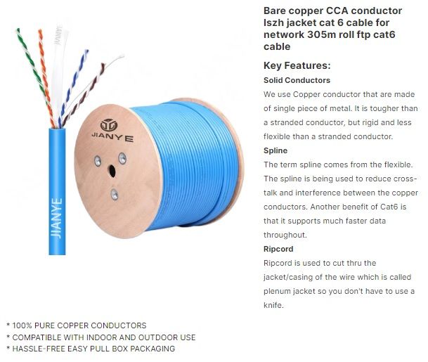 Cat 6 Data Pure Copper Cable Drum 305m Cable Internet Cat 6 PVC Cable