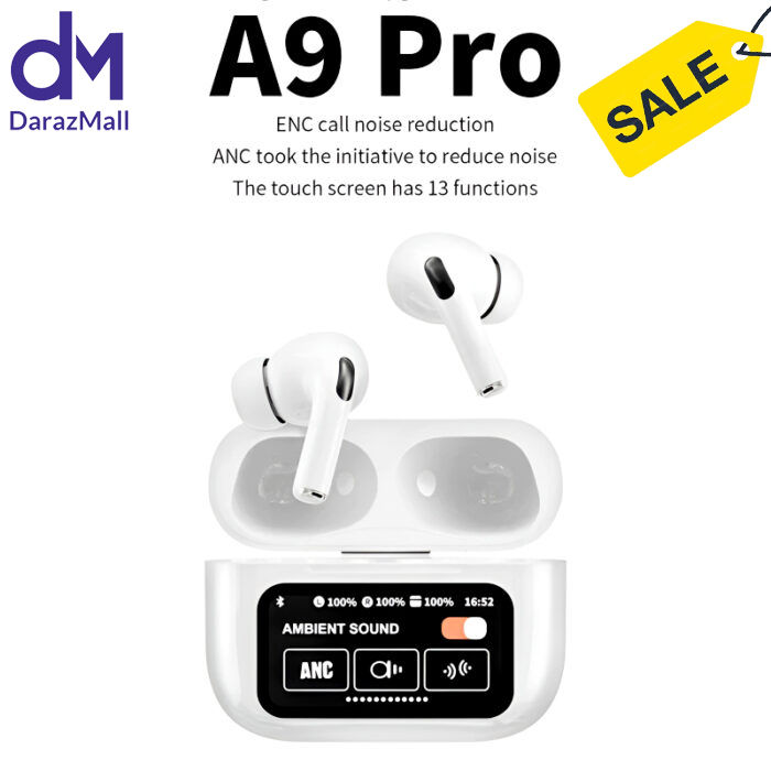 A9 pro Touch Screen Wireless airpods ANC with HD display Gaming mode For pubg And High Sound Qulaity Bass Earbuds Headphones Hedset  ANC Wireless Earbuds With Bluetooth 5.0, LCD Display, Super Bass And Pop-Up Feature