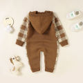 Newborn Hooded Knit Jumpsuit, Toddler Casual Plaid Pattern Long Sleeve Button Romper. 