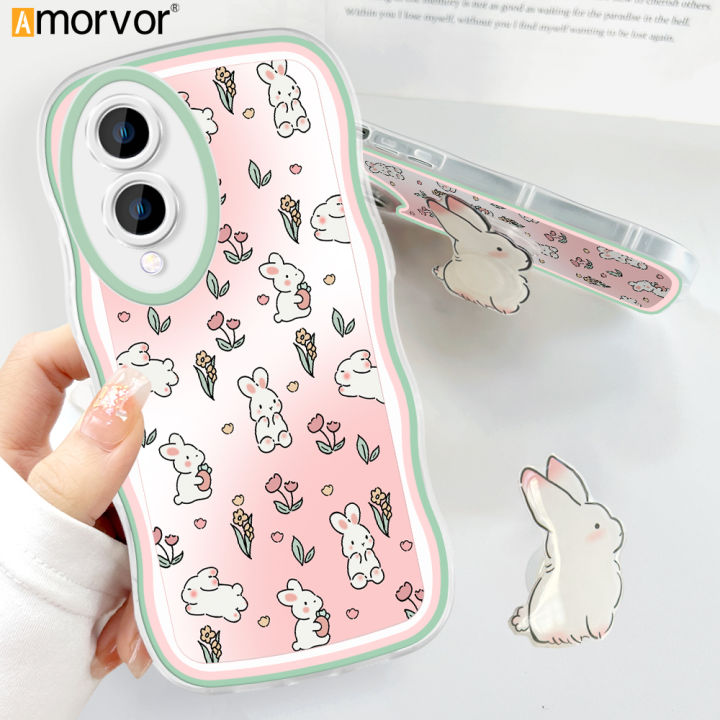 AMORVOR for VIVO Y17S Back Cover With Free Holder Cartoon Cute Soft Wavy Phone Case Camera Protection Transparent TPU Soft Cover