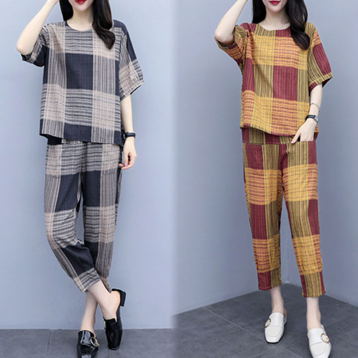 bellylady%202Pcs/set%20Lady%20Short%20Sleeve%20-shirt%20+%20Ninth%20Straight%20Bottom%20Pants%20Summer%20Plaid%20Casual%20Suit%20-%20Image%207