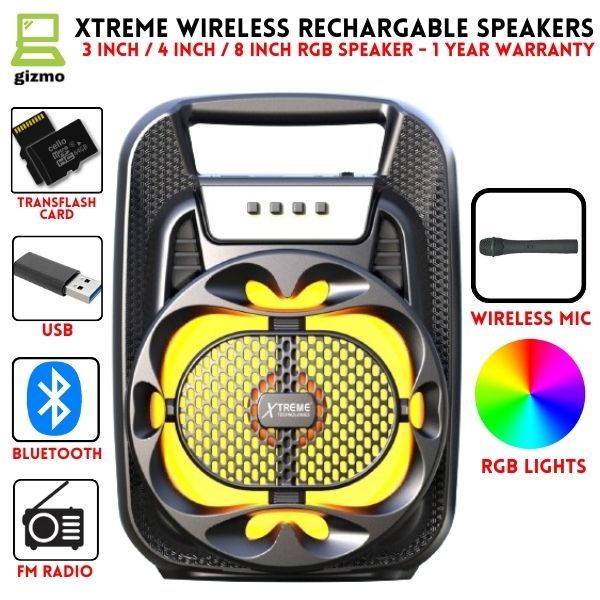 Xtreme Wireless Bluetooth Portable Speakers - 3 Inch / 4 Inch / 8 Inch Rechargeable Speakers With Wired & Wireless Mic - 1 Year Warranty