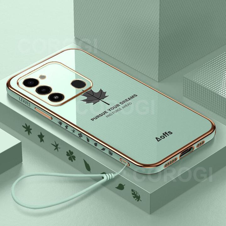 LECOMES for Tecno Spark 8C Back Cover with Lanyard Luxury 6D Plating Maple Leaf Side Pattern Case Soft Silicone Square Mobile Phone Cases Pouch