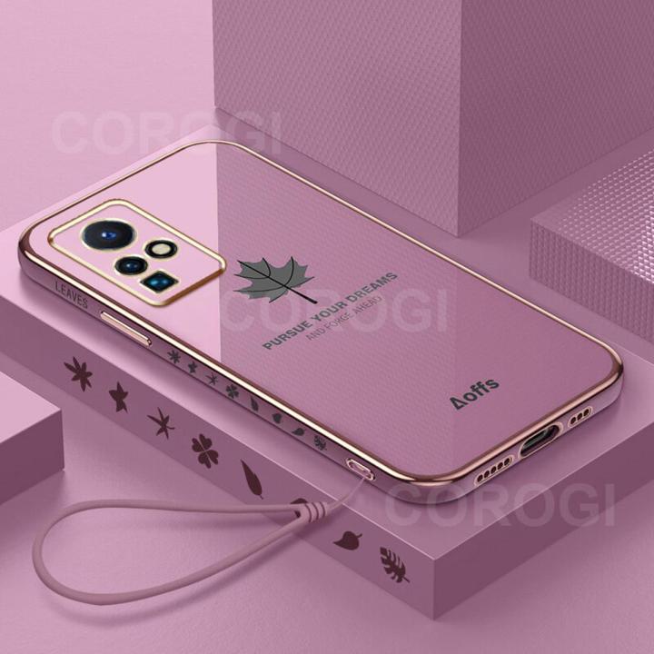 COROGI for Infinix Zero X Neo Back Cover with Lanyard Luxury Plating Maple Leaf Stylish Fancy Case Soft Silicone Square Mobile Phone Cases Pouch for Girls Boys