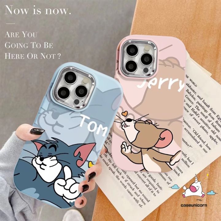 Fashion Brand Disney Lovely Cat Mouse Tom Jerry Cartoon Couples Phone Case Compatible for IPhone 15 11 14 13 12 Pro Max XR X 7 8 Plus XS Max Creative Luxury Electroplate Metal Lens Soft Cover