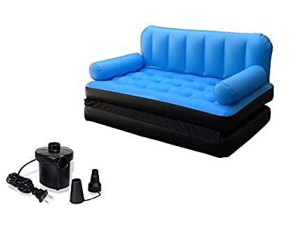 Imported Air sofa Cum Bed 5 in 1 Sky Blue PVC Non Velvet Air Multipurpose Double bed Kids Sleeping Mattress Travel Lounge Seat without Electric pump 3 Seater Inflatable Sofa NOTE random color will be delivered