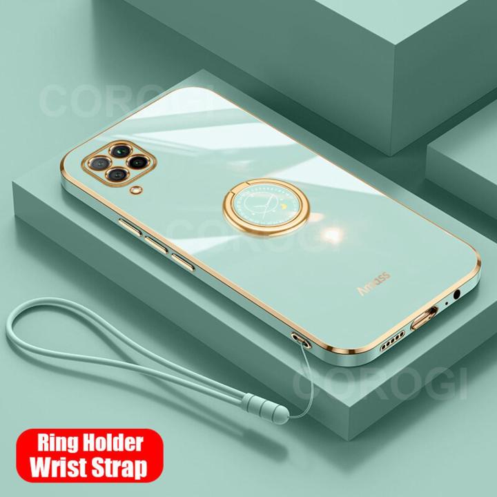 For Huawei Nova 7i Back Cover with Ring Holder Stand + Wrist Strap Shiny Plating Square Bumper Protective Case Soft Silicone Shockproof Mobile Phone Cases