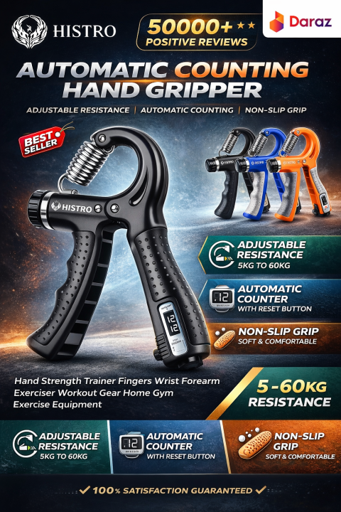 HISTRO 5-60 kg Plastic Hand Grip Strengthener – Adjustable Grip Strength Trainer with Stainless Steel Spring for Strong Wrists, Fingers, Forearm, Hands and Rehabilitation Exercise  Hand Gripper Adjustable Resistance Automatic Counting Non-Slip Hand Grip