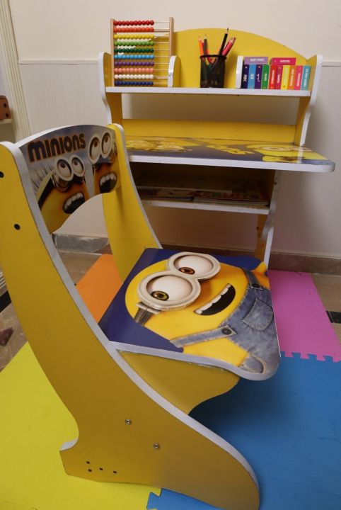 Cartoon Printed Wooden Study Table & Chair Set, Baby Desk/Kids Study Table Chair Set