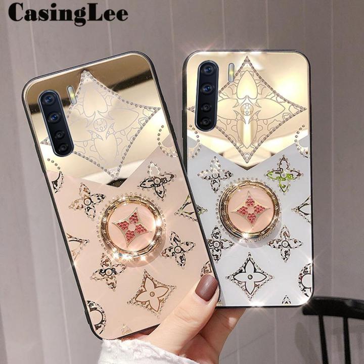 CasingLee For OPPO F15 case Navigation Magnetic Ring Holder Luxury Diamond clover Mirror Back Cover OPPO F15 Phone cases cover Luxury with Lanyard For girls and Boys