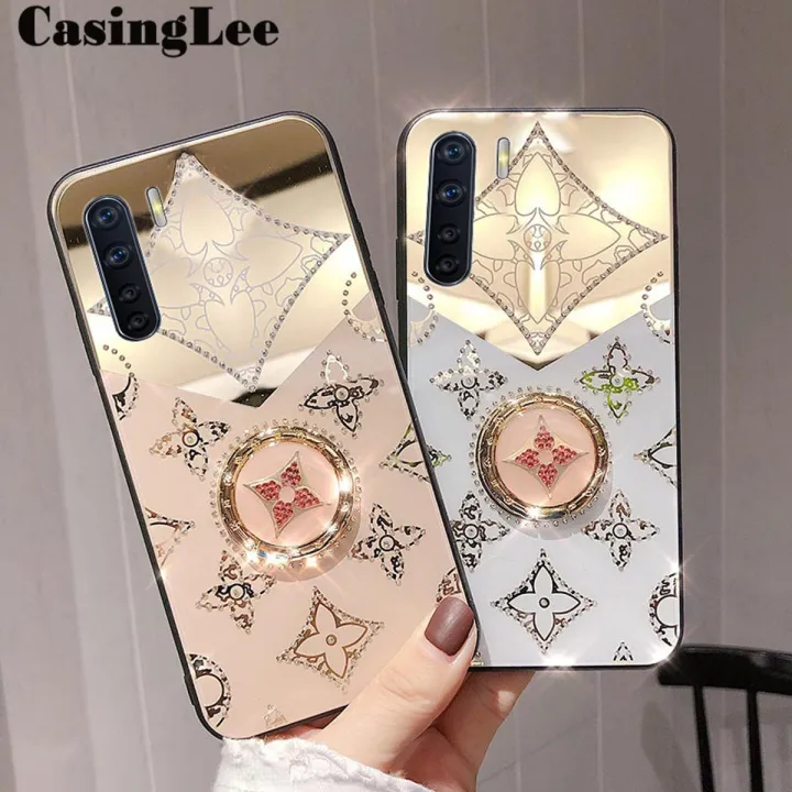 CasingLee For OPPO F15 case Navigation Magnetic Ring Holder Luxury Diamond clover Mirror Back Cover OPPO F15 Phone cases cover Luxury with Lanyard For girls and Boys