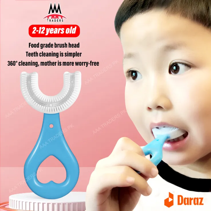 360° U-shaped Toothbrush For Kids – Toddler Baby Tooth Cleaner Ages 2-12 (Blue/Pink)