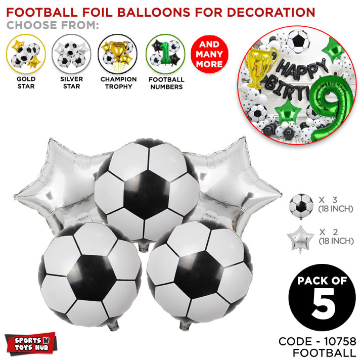 5 Pcs Football Aluminum Foil Balloons For Birthday Sports Games Theme Printed Chrome Metallic Foil Balloons Set For Boy Reusable Balloon For Birthday Parties Decoration, Baby Shower Theme Party Supplies, Pre School Class Theme For Party Decor
