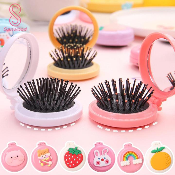 Portable Folding Hair Comb with Mirror Mini Air Cushion Massage Brush for Travel Home Use