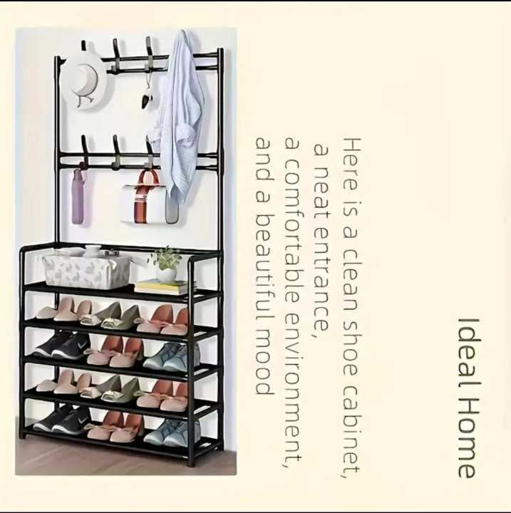 Multi-Function%205%20Layers%20Shoe%20&%20Coat%20Rack%20with%20Hanger,%20Living%20Room%20Clothes%20Metal%20Storage%20Rack,%20Easy-to-Assemble%20Simple%20Storage%20Rack,%20Other%20Miscellaneous%20Items%20Storage%20Shelf,%20Suitable%20for%20Entrance,%20Bedroom,%20Living%20room%20and%20Bathroom%20-%20Image%202