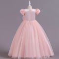 Kids Girl’s Tulle Dress, Short Sleeve Crew Neck Flower Bowknot Patchwork Dress for Party Stage Show. 