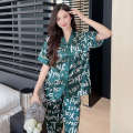 Multiple spring and summer ice silk Korean version short sleeved pants printed fat MM plus size women's sleepwear home suit set. 