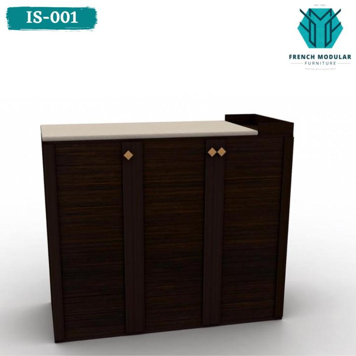 IS-001 - Oak Wood Iron Stand with 3 Cabinets Chest of Drawer Dark & Light Brown Polish Finish Storage Chester