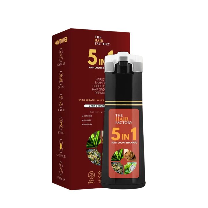 The Hair Factory 5 in 1 Hair Color Shampoo | 5 in 1 Hair Color Shampoo | The Hair Factory | The Hair Factory 5 in 1 Hair Color Shampoo Dark Brown | Hair Color Shampoo For Men and Women | Dark Brown 200ml