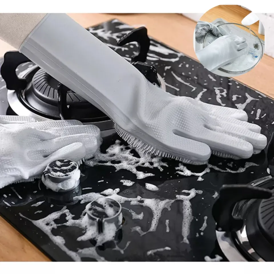 Multipurpose cleaning gloves with scrubber brush heat resistant