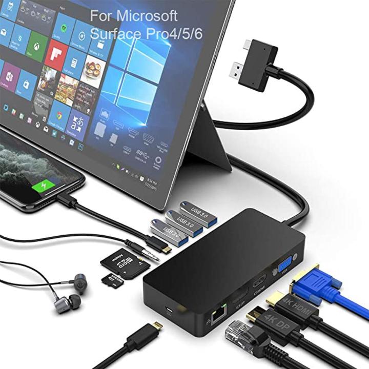 Microsoft Surface Dock for Surface Pro 4/5/6, Rocketek 12 in 1 USB Hub to Triple Display with 4K HDMI/DP/VGA, Gigabit Ethernet Port, 3 USB 3.0, Typc C, Audio Out, SD/TF Multi-Card Reader