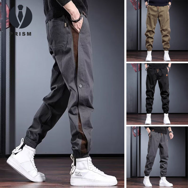 Men Cargo Pants Pockets Drawstring Elastic Waist Ankle-banded Expandable Button Leg Streetwear Loose Solid Color Joggers Outdoor Long Trousers