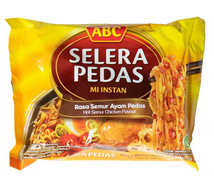 ABC Selera Pedas Mi Instan – 70g Hot Semur Chicken Flavour Instant Noodles – Spicy Indonesian-Style Noodles with Rich, Savory Stewed Chicken Taste – Quick, Flavorful, and Imported for Authentic Taste